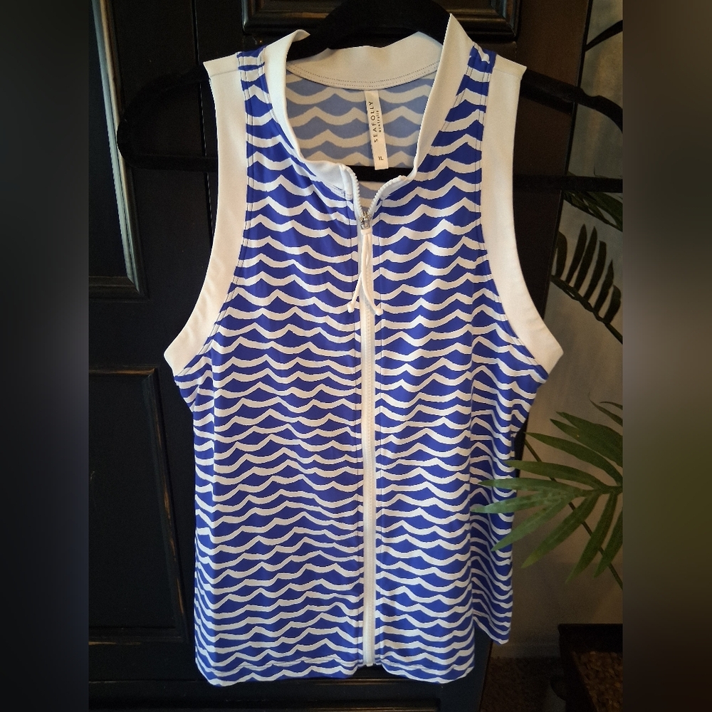 Seafolly Blue and White Wave Pattern Scuba Swim Top